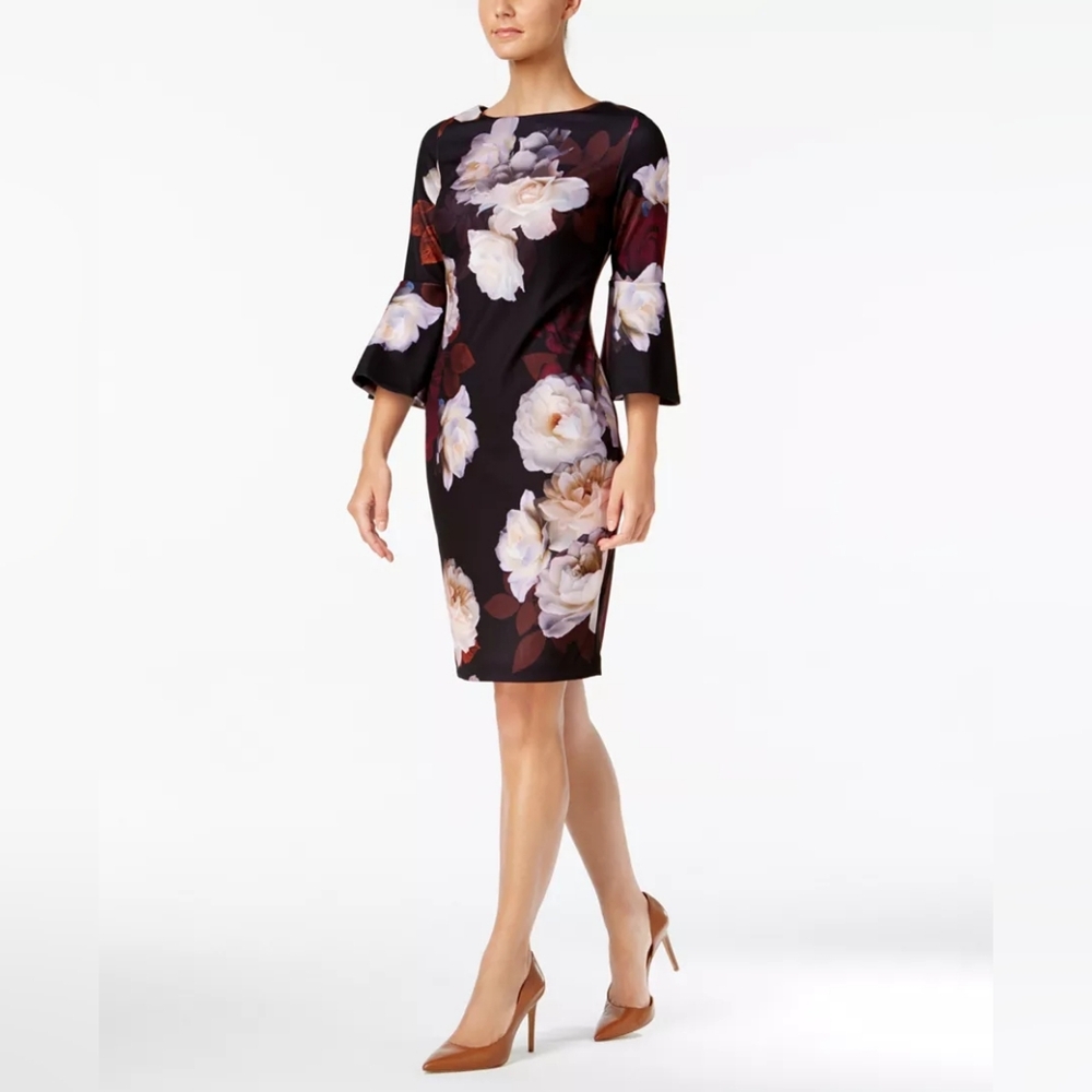 Calvin Klein Floral-Print Bell-Sleeve Sheath Dress Sz 8 Black Purple